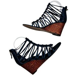 Ralph Lauren Alexandrea Caged Wedge Sandal 8 Navy Preppy Strappy Woven Coastal B